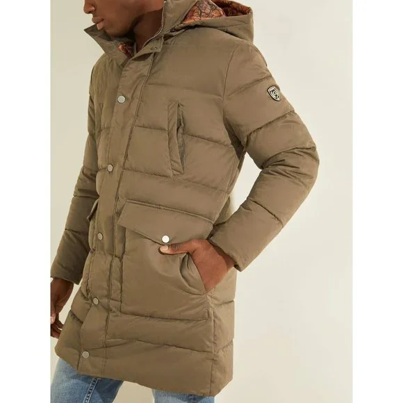 $298 Guess Men’s Alta Nylon Puffer Long Jacket With Hood In Light Brown Size XL